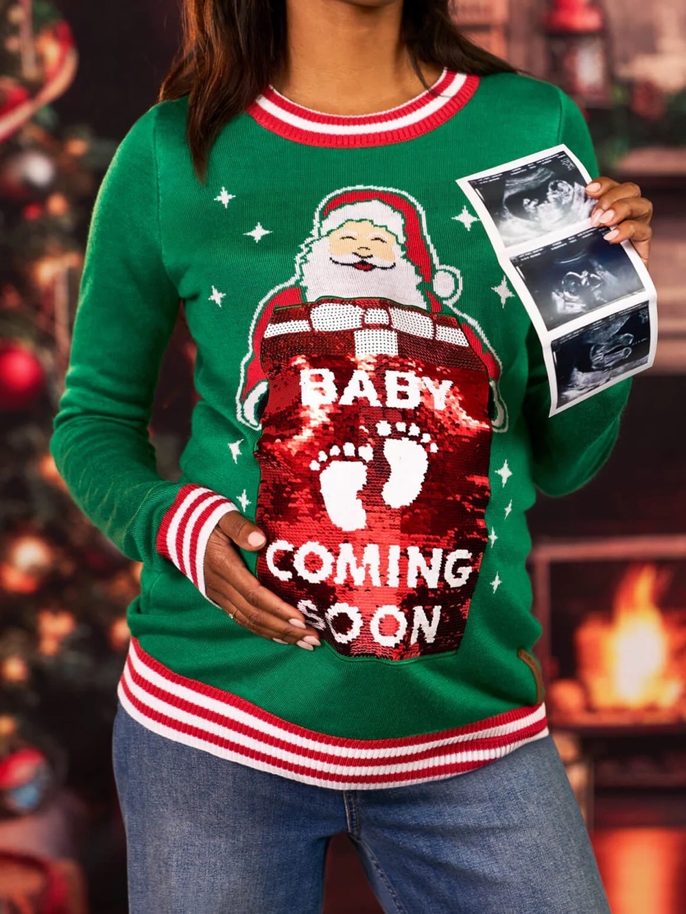 🎄NWT! Tipsy Elves Big Reveal Reversible Sequin Baby Holiday Maternity Sweater